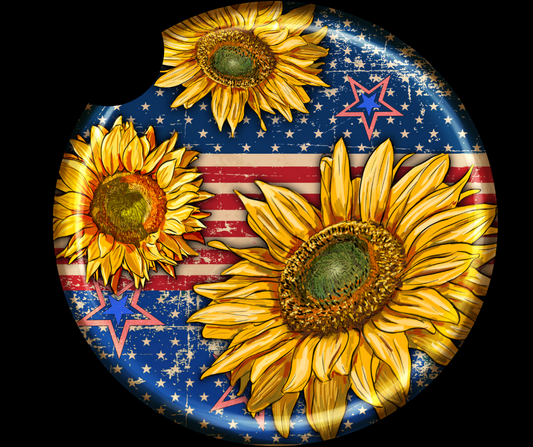 Sunflowers American flag car coasters